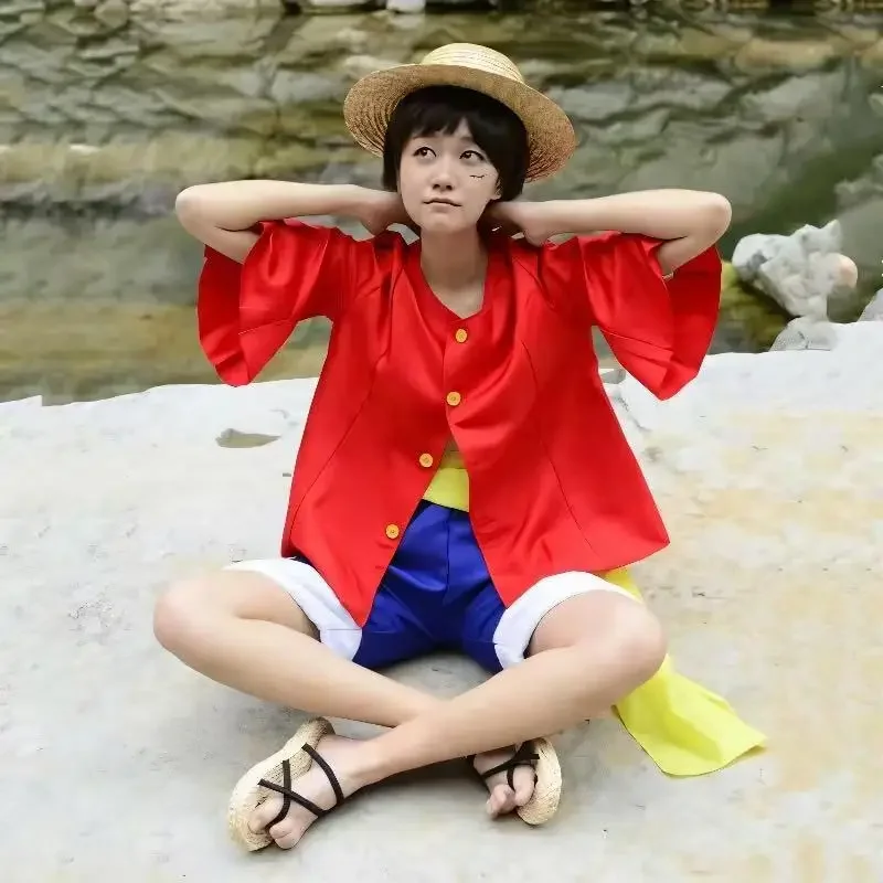 Anime Cosplay Luffy - ハロウィンアニメ M-モンキー D ルフィフルセットコスプレ衣装男の子用カーニバル衣装子供麦わら帽子コートパンツベルトスーツ