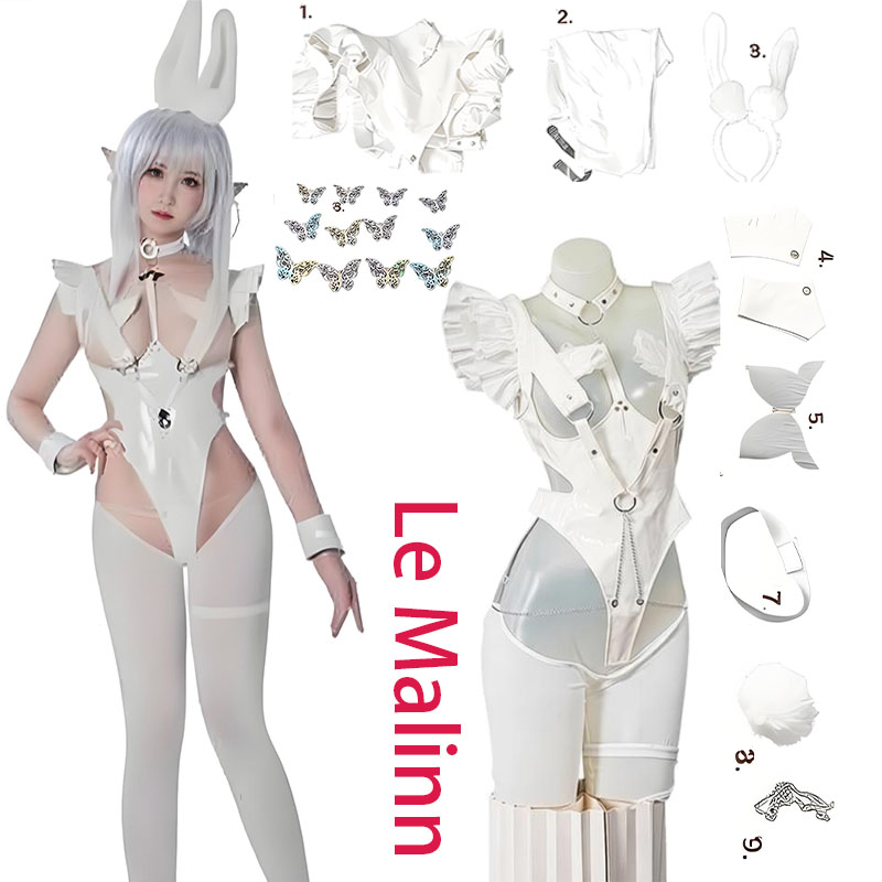 Anime Cosplay Bodysuit - 耳の悪い白いウサギ ‌ コスチュームレザーアズールアニメレーン・ル・マリンコスプレボディスーツ付きセクシー可愛い衣装女性仮装