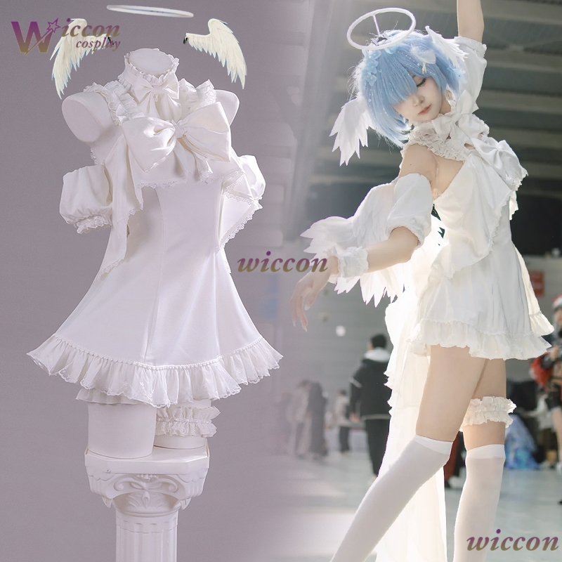 Anime Cosplay Rem - CosRoom Re:0 ラムレムリラックスタイムコスプレ衣装 Pj スイートホワイトドレス小道具ハジメル異世界天使フィギュアスタイル服ハロウィン