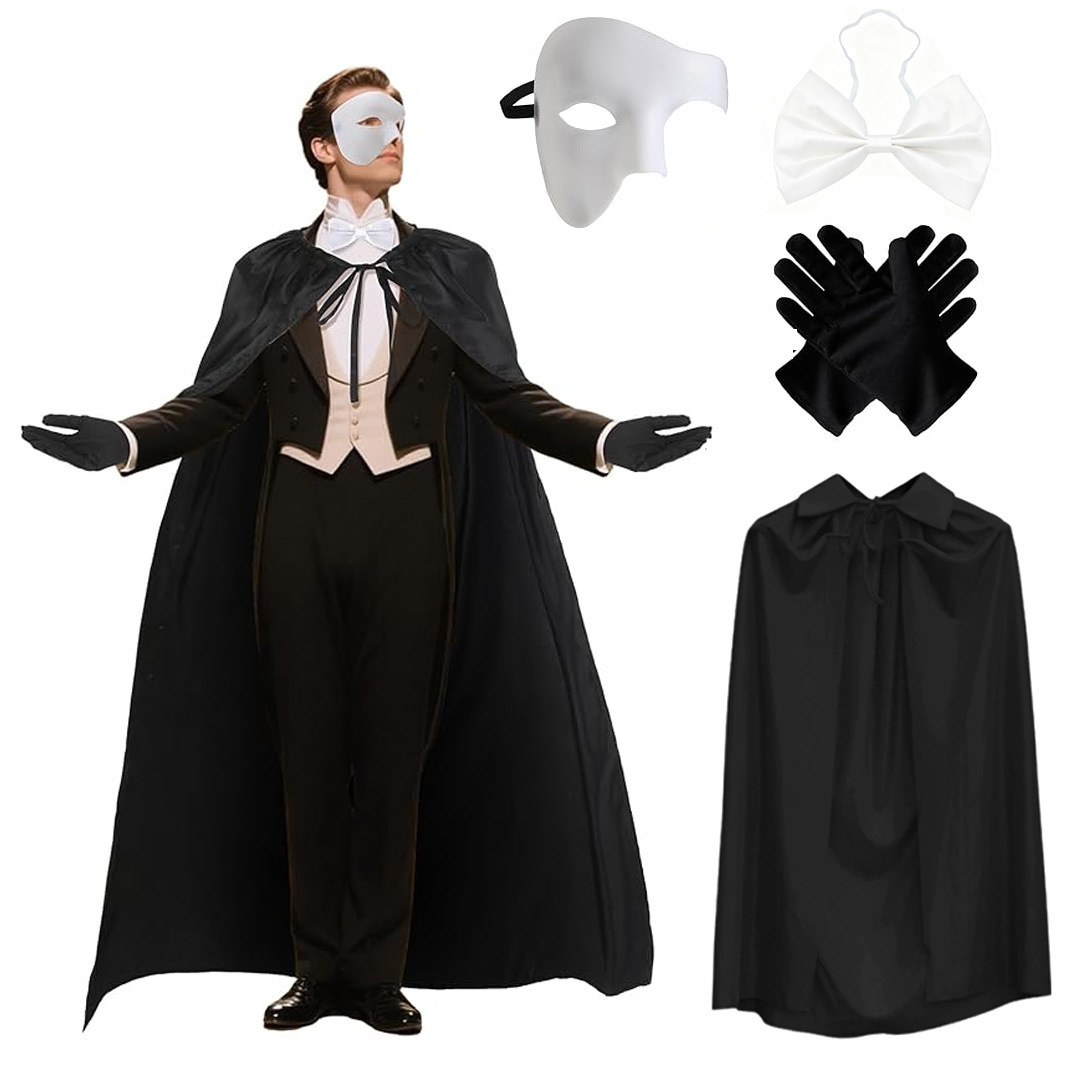 Anime Cosplay Face - 4点セット ゴシックマジシャン ドレスアップセット ハーフフェイスマスク 蝶ネクタイ ケープと手袋