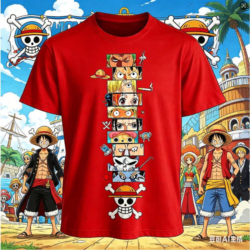 One Piece Straw Hat - 2026年夏 ワンピース ヴィンテージ風コットン プリントTシャツ 麦わら帽子 クルー