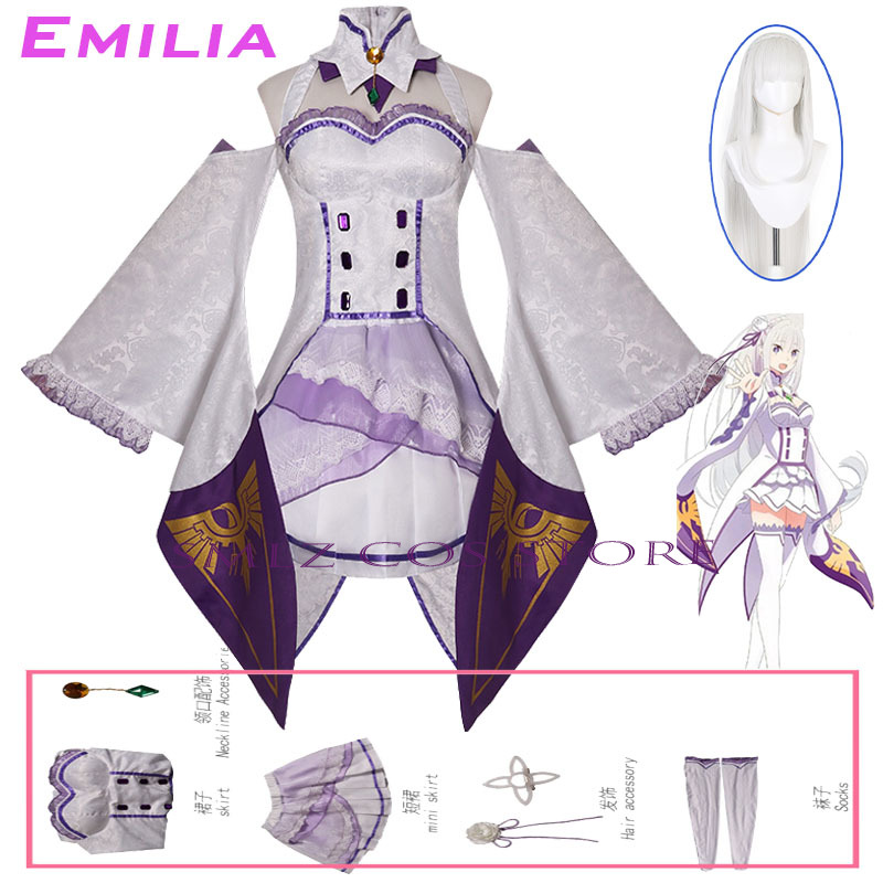 エミリアコスプレアニメ再ゼロカラハジメル異世界生活衣装白制服 - Costume Anime Cosplay のレビューと価格